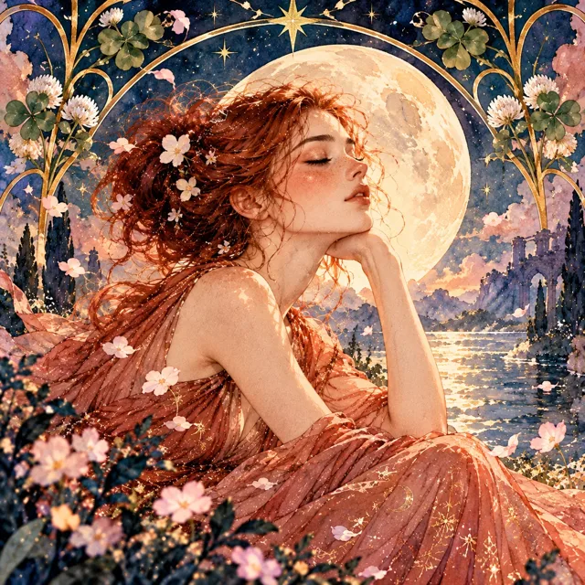 Personagem ruiva em um jardim florido sob a lua, em aquarela