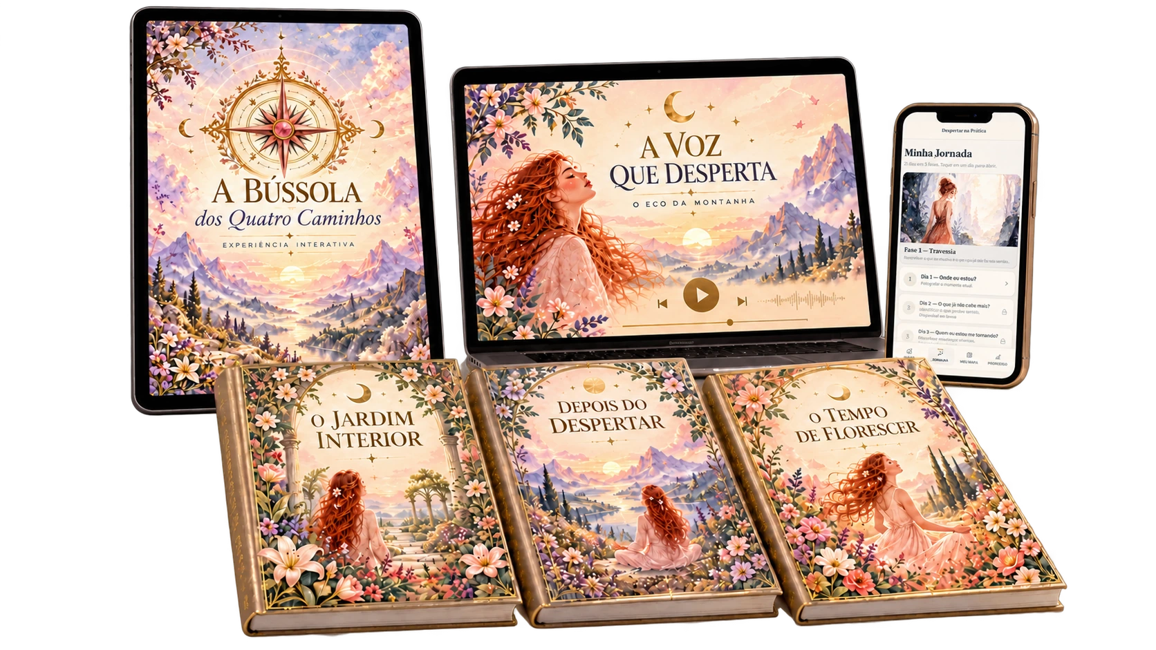 Despertar Completo: Bússola dos Quatro Caminhos no tablet, A Voz que Desperta no notebook, aplicativo Despertar na Prática no celular e coleção de três PDFs representada por livros