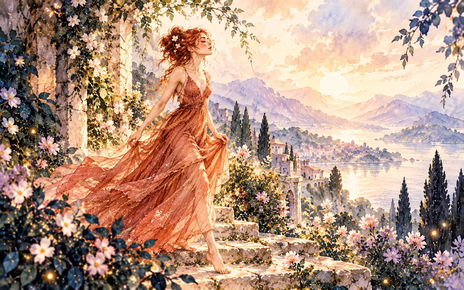 Personagem ruiva ao nascer do sol