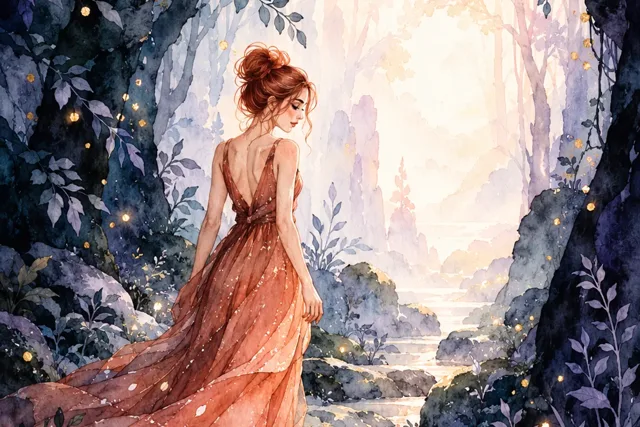 Personagem ruiva contempla uma passagem iluminada na floresta