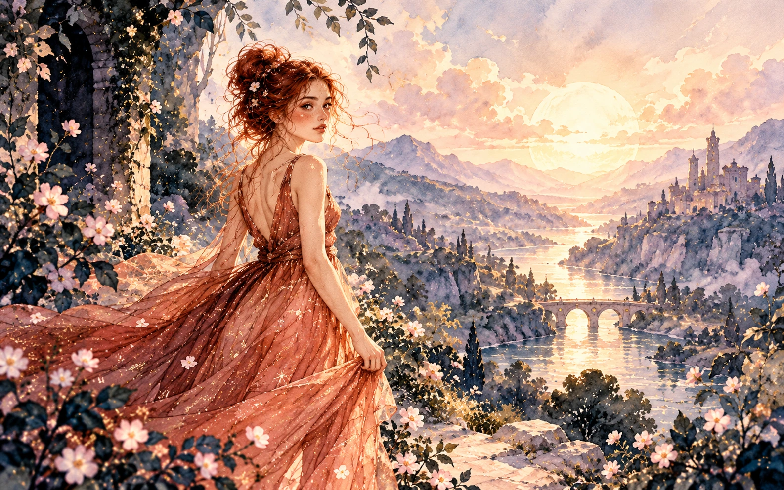 Personagem ruiva em um vale encantado ao entardecer